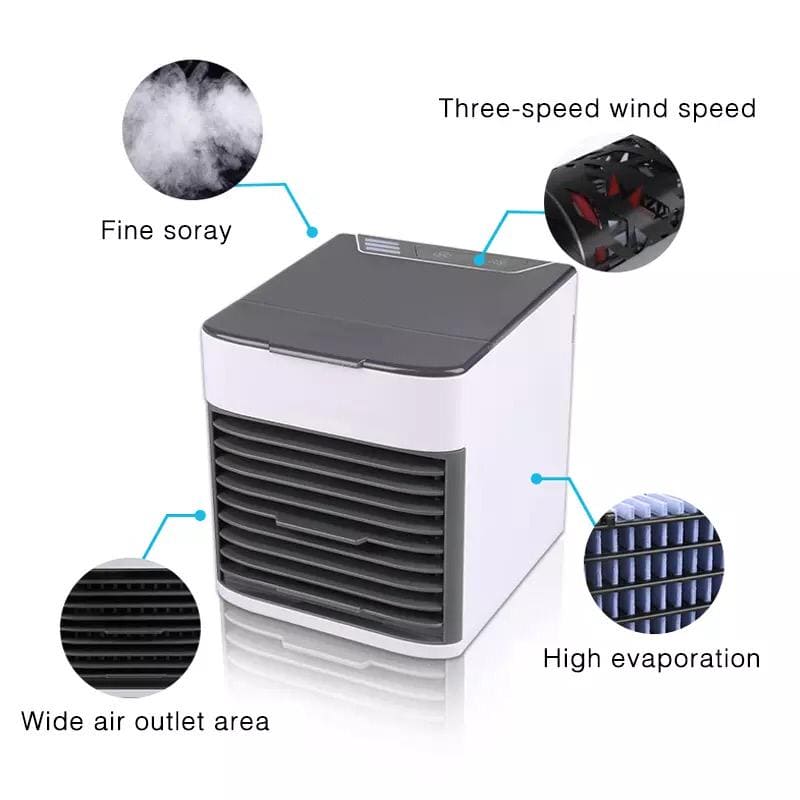 Mini USB Air Conditioner, Rechargeable Air Cooler With 3 Speeds, 7 LED Lights & Evaporative Humidification Mini USB Air Conditioner, Rechargeable Air Cooler With 3 Speeds, 7 LED Lights & Evaporative Humidification